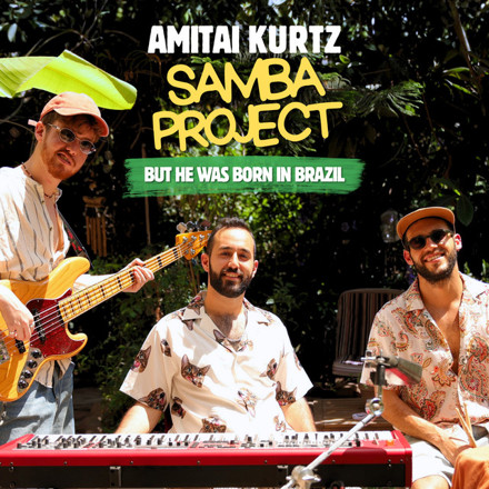 Album cover of But He Was Born in BRAZIL: three musicians in floral shirts behind a red keyboard, with the title in yellow and green